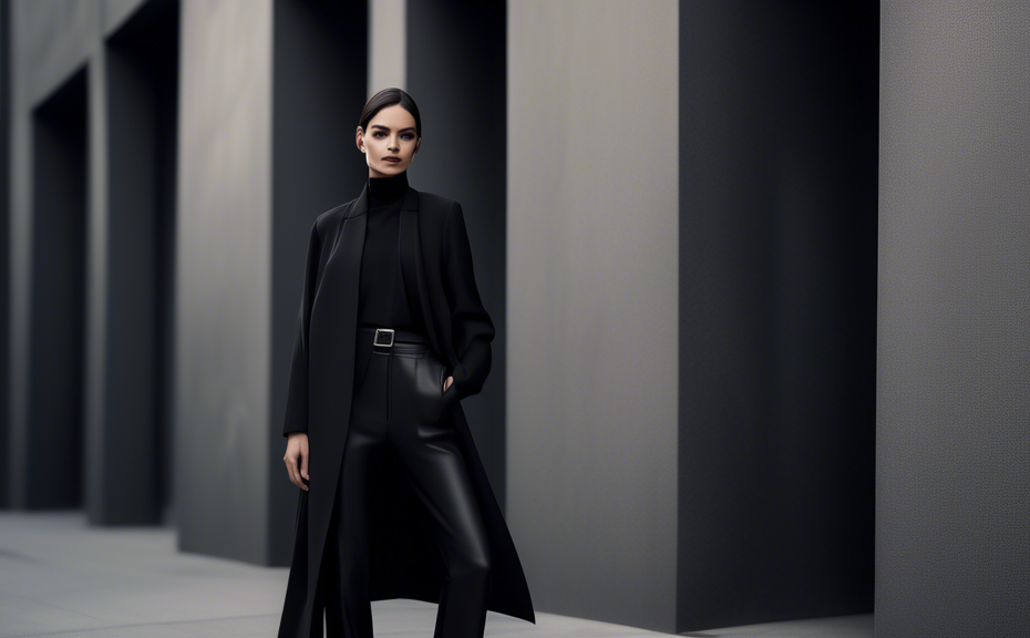 An elegant black outfit in a minimalist, chic fashion photo shoot. Scene includes a fashion-forward individual standing confidently in an urban environment, wearing stylish all-black attire including