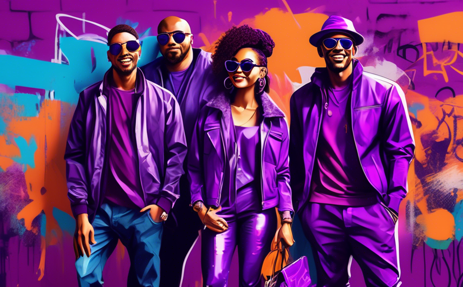 Create a digital artwork of a diverse group of five people, each wearing stylish and different purple outfits, posing in a vibrant urban setting with graffiti walls in the background. Integrate playfu