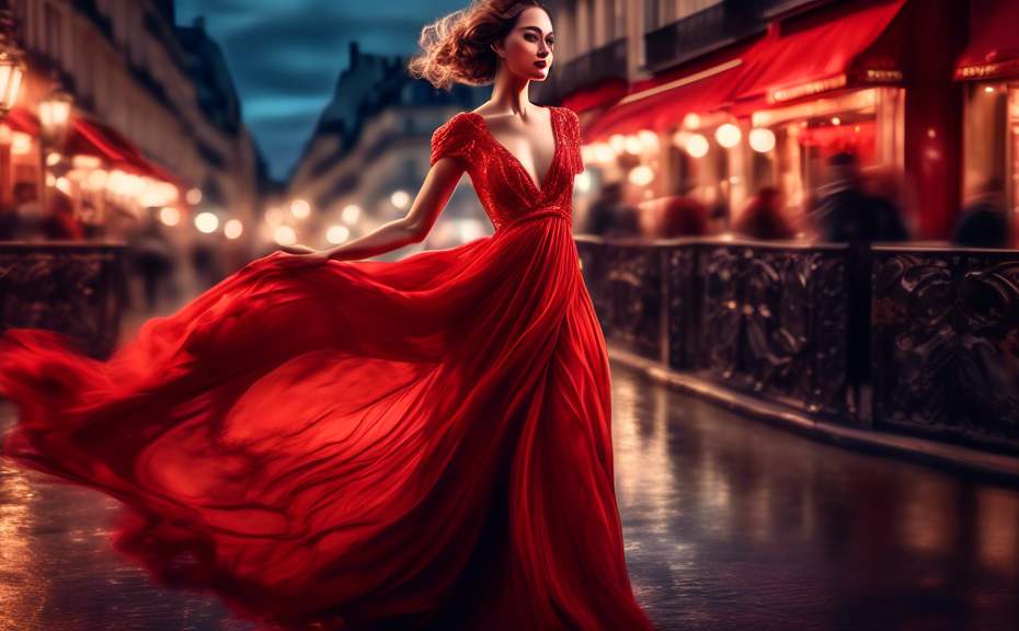 An elegant fashion model striking a dramatic pose in a flowing red gown against the backdrop of an ornate, vintage Parisian street, with soft-focus city lights adding a glowing ambiance. The scene cap