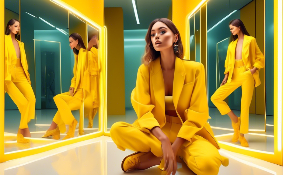 Create a digital artwork of a trendy fashion blogger posing in a vibrant yellow outfit surrounded by mirrors reflecting multiple angles of the ensemble, with soft lighting and modern, minimalist decor