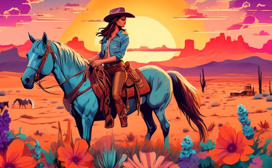 Digital artwork of a stylish cowgirl posing in the sunset on a desert landscape, surrounded by wildflowers and a horse, with vintage lettering of catchy captions floating around her, rendered in vibra