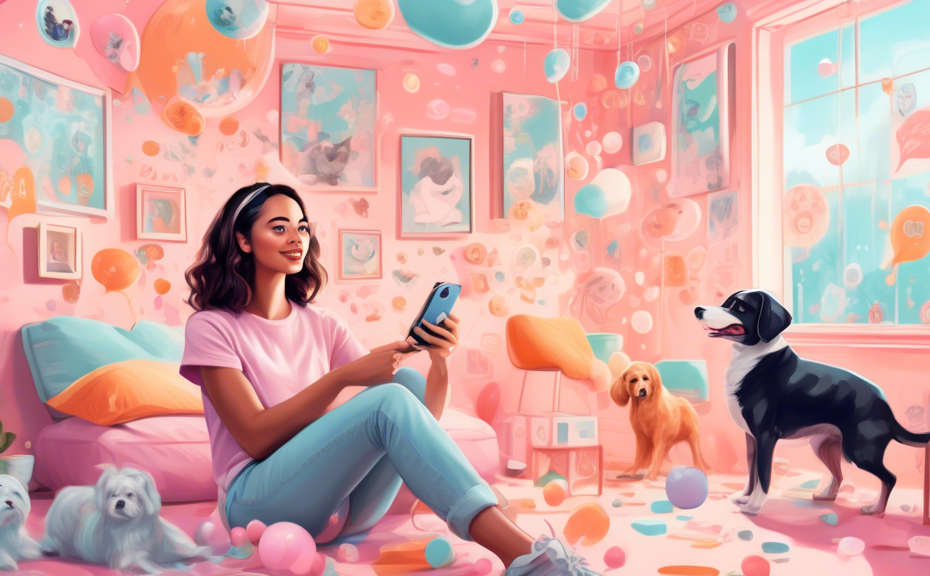 Digital painting of a young woman taking a selfie with a dog filter, surrounded by floating speech bubbles filled with cute captions, in a pastel-colored room filled with whimsical decorations.
