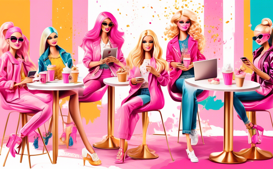 Create a colorful, whimsical image of a variety of Barbie dolls posed in a trendy coffee shop, each with different stylish outfits, busy on laptops and smartphones, with coffee cups and pastries. The