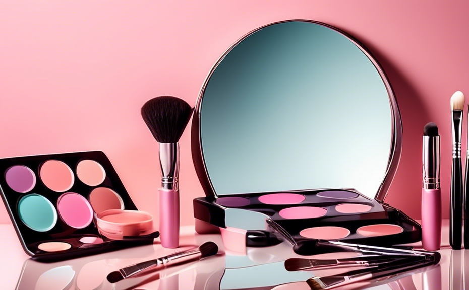 A close-up image of a beautifully arranged makeup palette next to a set of professional brushes, with a reflection of a woman applying lipstick in a mirror, all set against a soft, light pink backgrou