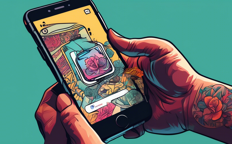 A digital art piece depicting a person's arm with a fresh, stylish tattoo, holding a smartphone showing an Instagram post featuring the new tattoo. The post has a witty, attention-grabbing caption ove