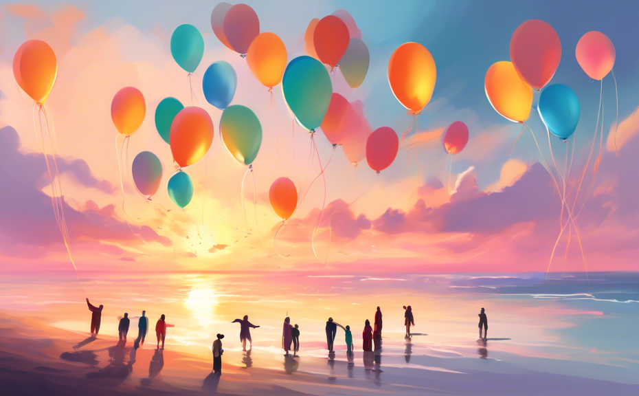Digital painting of a serene sunrise over the ocean, symbolizing new beginnings, with diverse individuals standing on the shore releasing balloons into the sky, capturing a serene moment of letting go