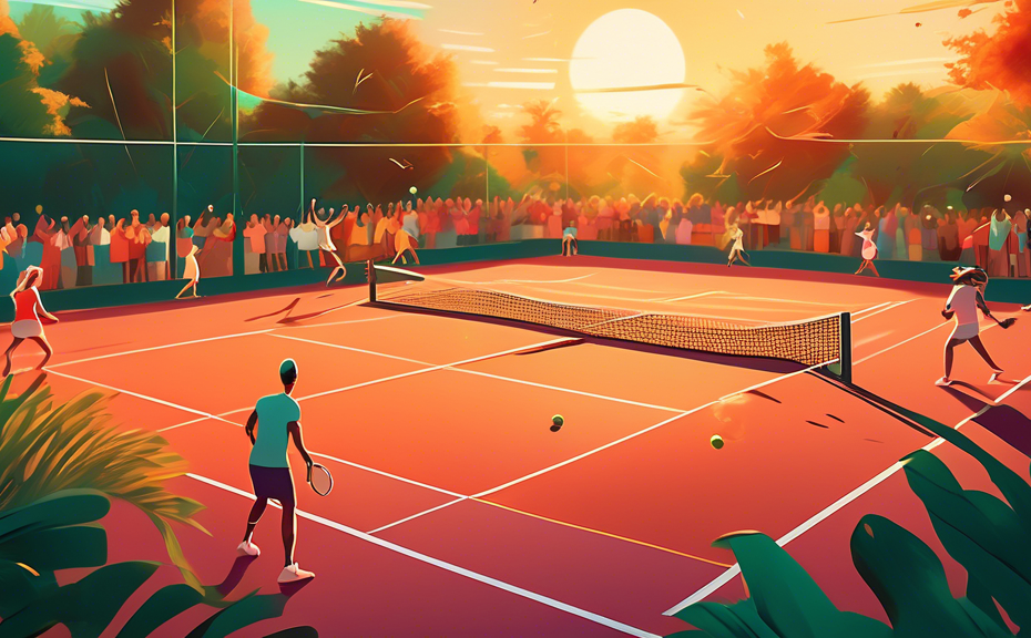 Image of a vibrant tennis court at sunset, featuring mixed doubles players in mid-action, with the audience cheering in the blurred background, and one player making a dynamic forehand shot with a bal