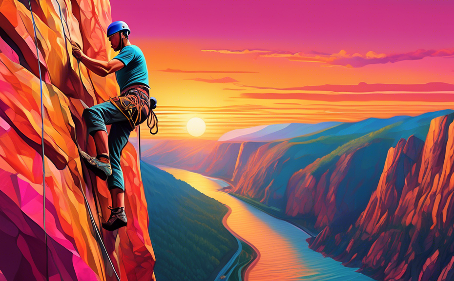 Create a vibrant, hyper-realistic digital illustration of a person rock climbing a massive, colorful cliff face during sunset, with intricate details showing the texture of the rock and the determinat