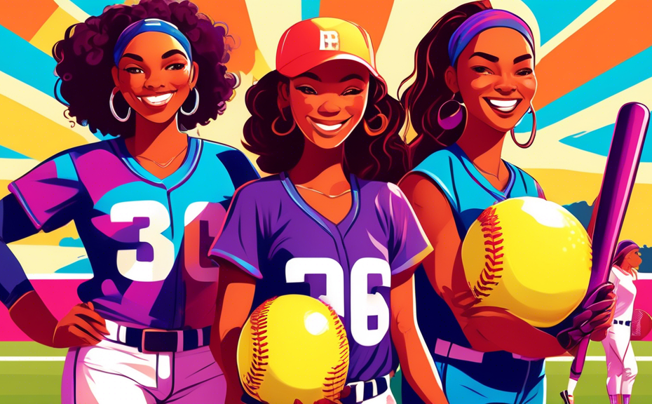 An illustration of diverse young women in stylish sportswear posing with softball equipment on a vibrant, colorful softball field, with each holding a sign featuring a witty softball caption, surround