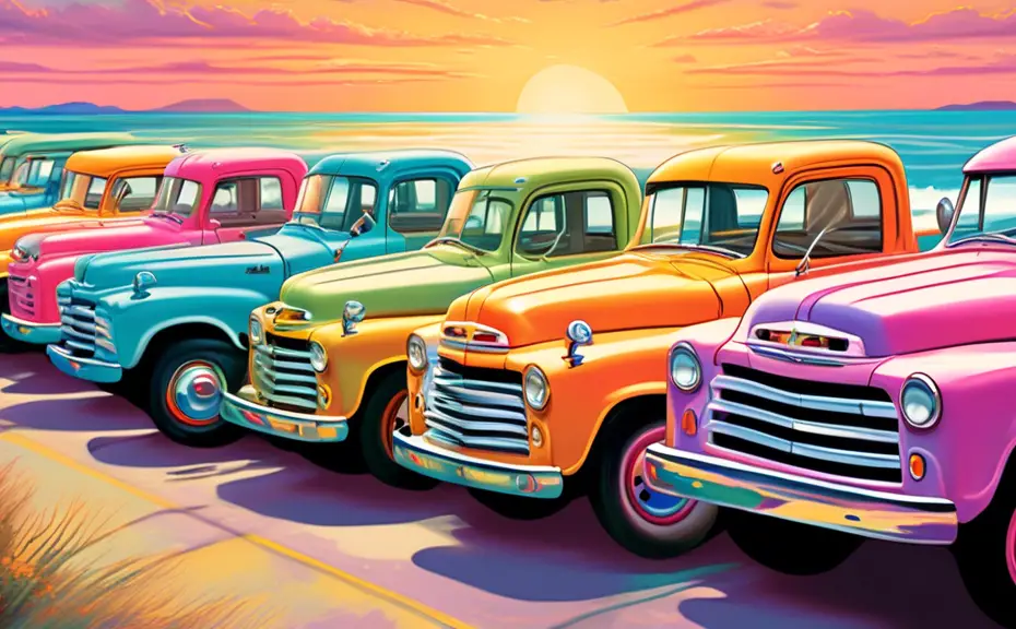 Colorful convoy of vintage pickup trucks parked in a row at sunset, each with a different pastel paint job, lined up along a picturesque coastal road, the ocean sparkling in the background, and playfu