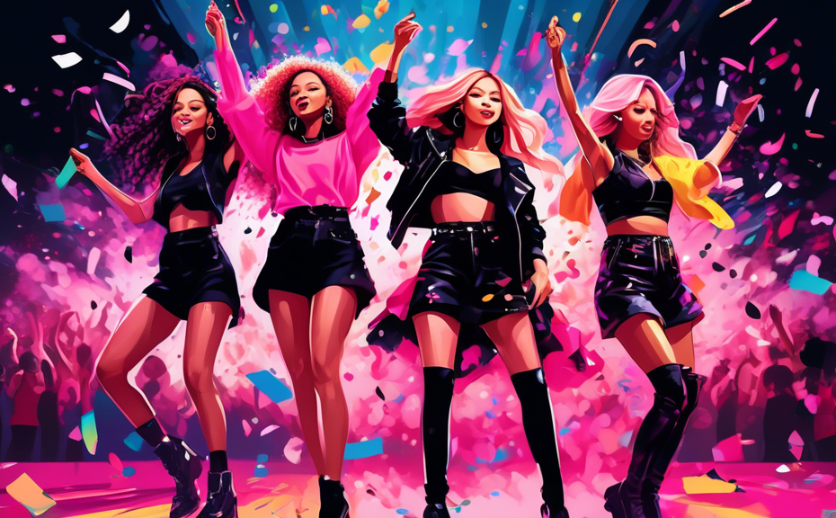 Create an artistic image of four stylish female artists at a vibrant concert, wearing chic black and pink outfits, with confetti in the air and bright colorful stage lights, as they energetically inte