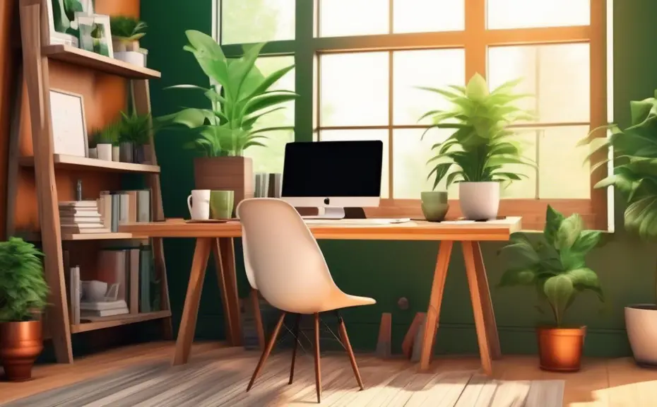 Create an image of a modern, cozy home office with a motivational poster on the wall, a stylish laptop open on a sleek wooden desk surrounded by green plants and books, soft natural light streaming th