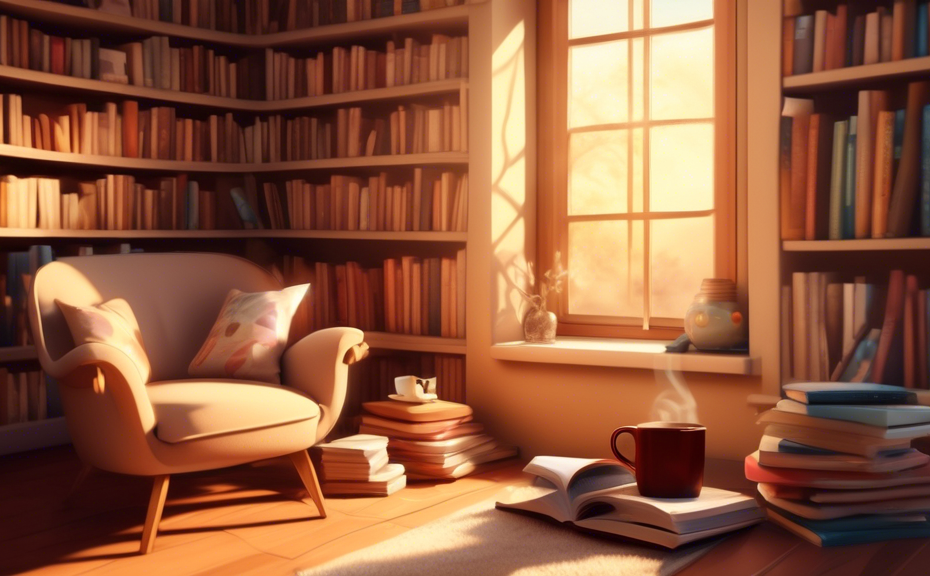 Create an artistic digital image of a cozy, sunlit reading nook filled with a variety of books, a steaming cup of coffee on a small table, and plush cushions. In the background, a wall filled with quo