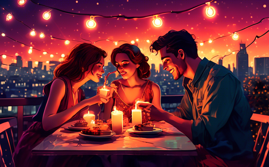 An enchanting digital art piece depicting a couple enjoying a romantic candlelit dinner on a rooftop overlooking a city skyline at sunset, with fairy lights twinkling in the background and a vintage c