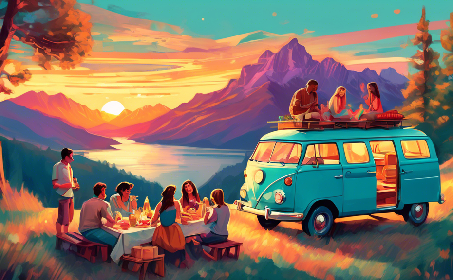 A vintage aquamarine van parked on a scenic overlook at sunset, with a group of friends laughing and setting up a picnic on the roof, surrounded by panoramic views of mountains and a sparkling river,
