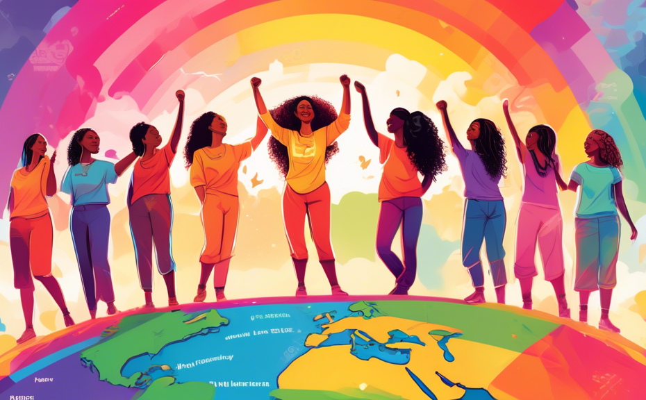 An empowering digital artwork featuring a diverse group of lesbian women standing together on top of a vibrant, colorful world map, each holding a placard with bold and inspirational quotes. The backg