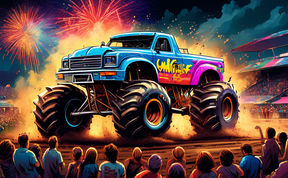 A colossal monster truck with massive, colorful wheels dominating a muddy track under a stormy sky, as an enthusiastic crowd watches from packed stands, fireworks exploding in the background.