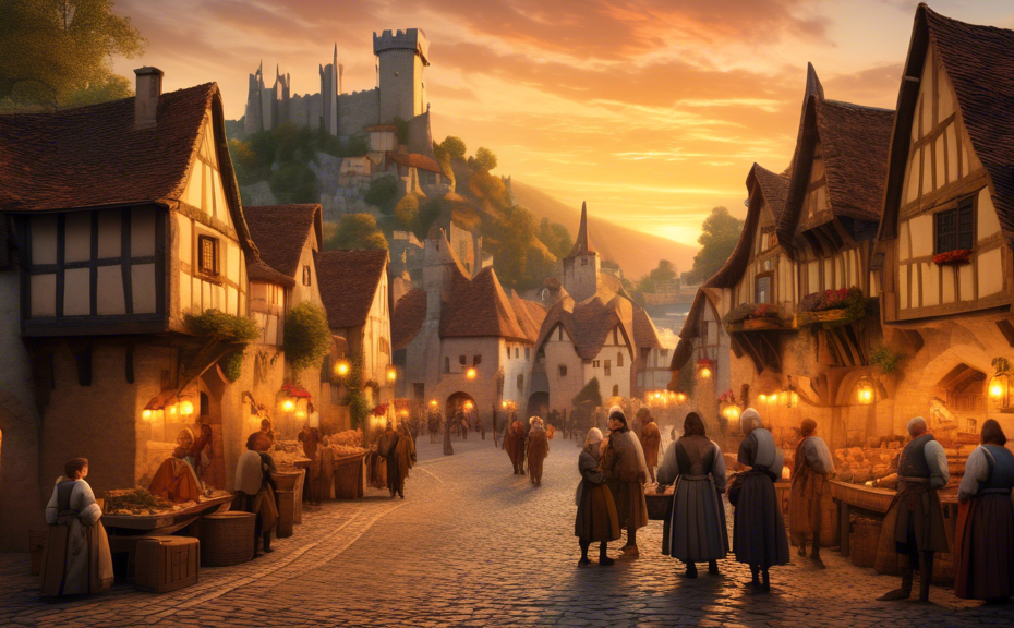 Create an image of a medieval village during sunset, with cobblestone streets winding between quaint, thatched-roof cottages. Villagers in period attire—knights, bards, and peasants—mingle in the live