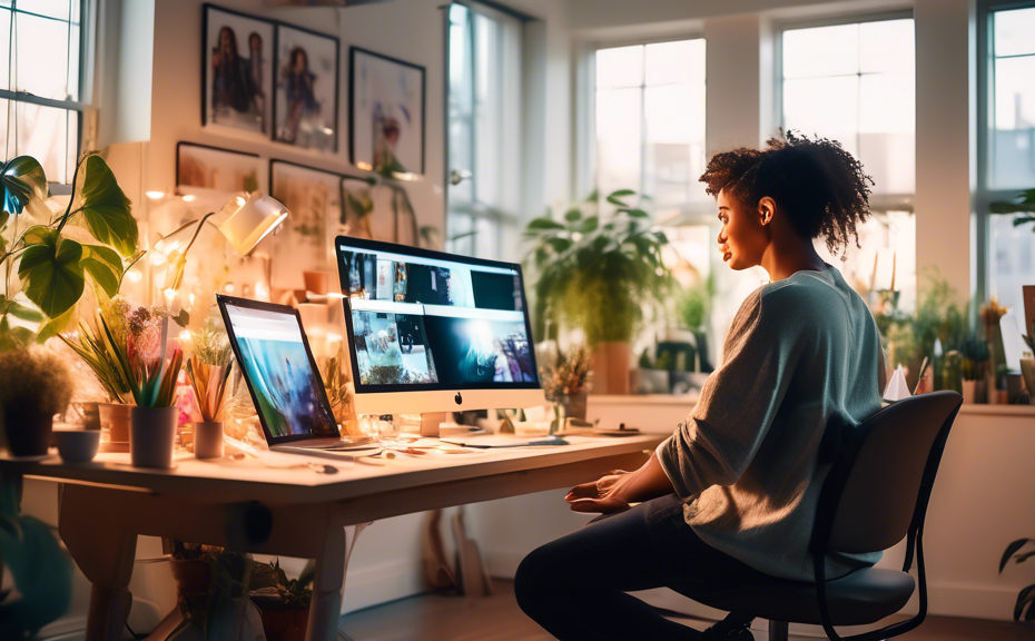 Create an image of a digital artist sitting at a sleek, modern desk in a bright, airy studio, surrounded by multiple glowing screens displaying a variety of before and after images of social media pos