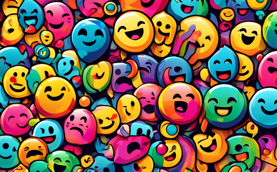 An artistically animated image featuring a colorful carousel of abstract emoticons representing a spectrum of emotions, from joyful smiles to melancholic teardrops, swirling around a smartphone displa