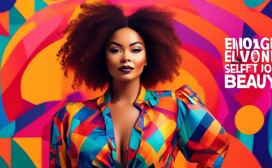 A woman confidently posing in a vibrant, colorful outfit against a bold, geometric background, with an empowering quote or affirmation about self-love and embracing one's unique beauty overlaid on the