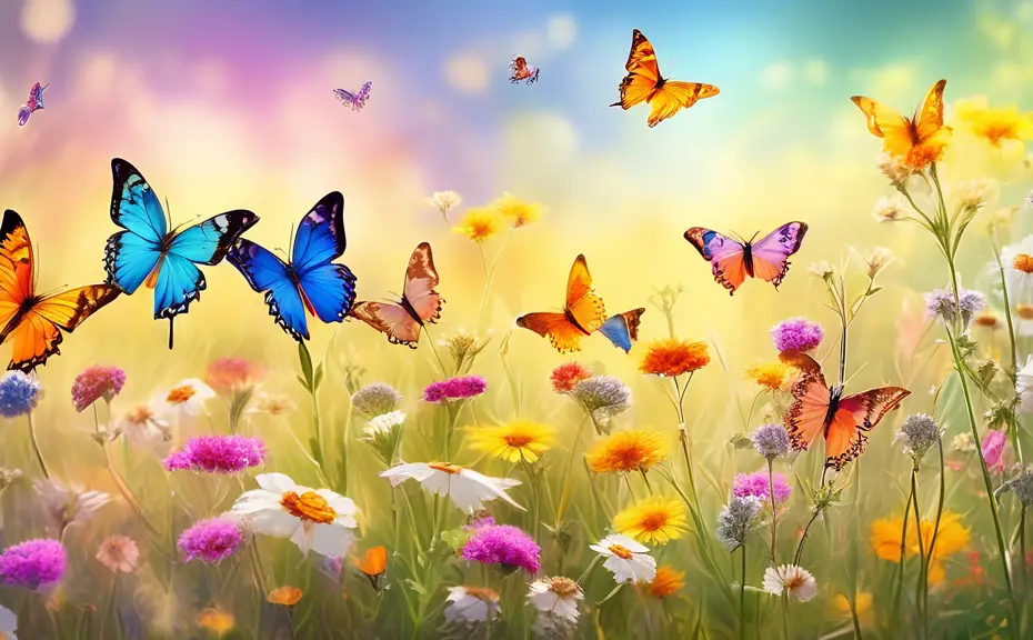 Create a vibrant digital artwork showing a variety of colorful butterflies delicately perched on wildflowers in a sunlit meadow. Each butterfly should be distinct, featuring vivid patterns on their wi