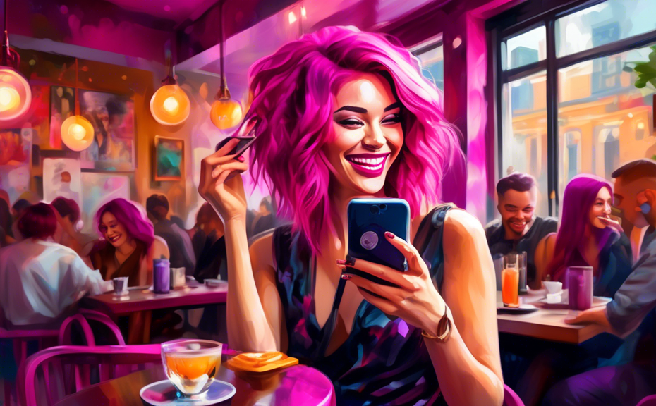 Create a vibrant digital painting of a young woman grinning as she showcases her new flamboyant magenta hair color in a chic urban café, with the surrounding patrons glancing in admiration, and her sm
