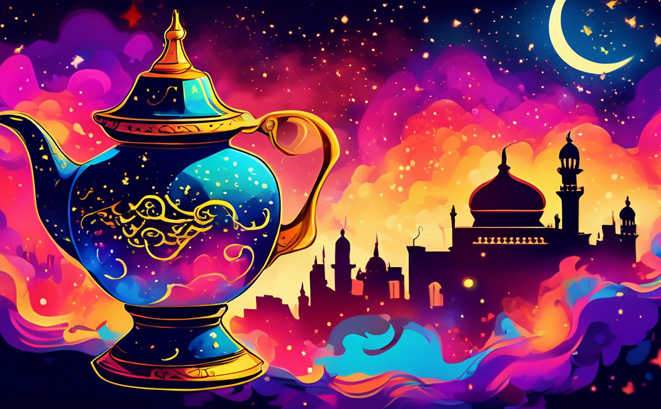 Create an enchanting digital artwork of Aladdin's lamp glowing brightly under the starry night sky, surrounded by magical wisps of colorful smoke forming whimsical patterns, with the silhouette of the