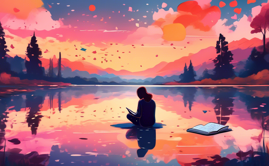 Create an artistic image of a person sitting alone by a scenic lake at sunset, pensively writing in a journal, with visible heartfelt quotes about one-sided love floating in the air around them, refle