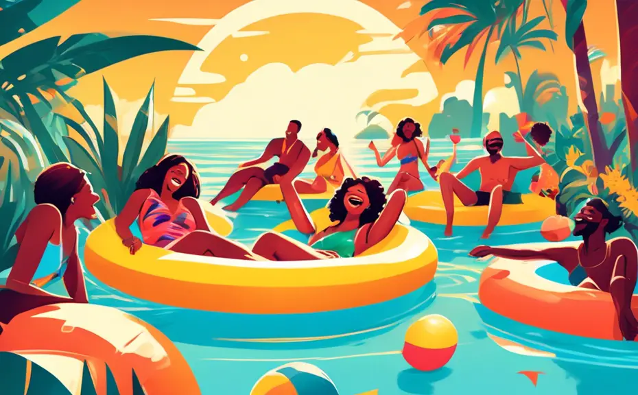 An illustration of a vibrant summer pool party, featuring diverse people laughing and lounging on colorful floats, with tropical plants and a bright sun in the background.