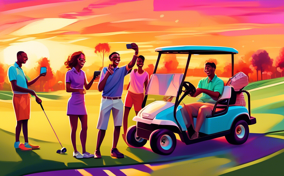 Digital painting of a serene golf course at sunset, featuring a group of diverse young friends laughing and taking a selfie, with golf clubs in hand and a golf cart nearby, vivid colors enhancing the