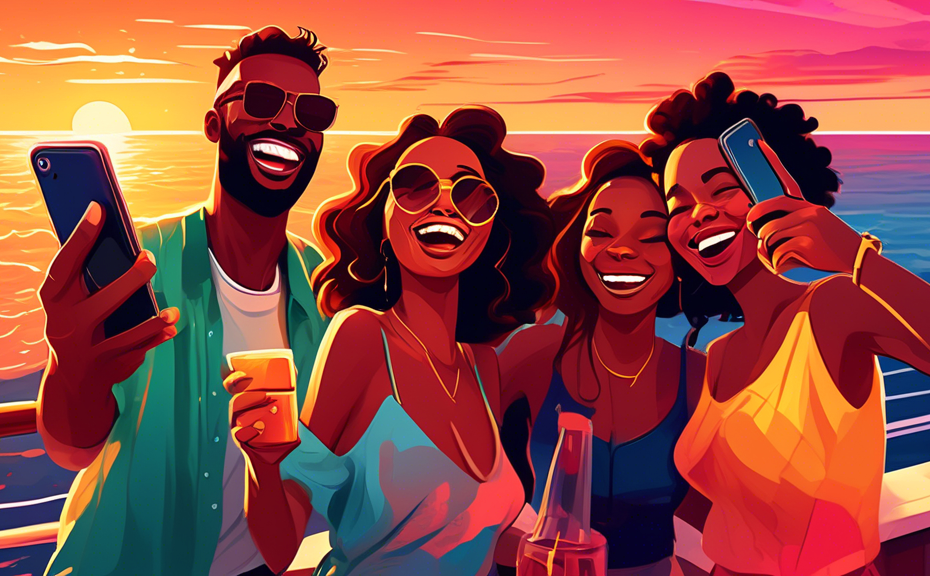 Create a vibrant digital artwork showcasing a group of diverse friends laughing and taking selfies on the deck of a cruise ship, with a stunning sunset over the ocean in the background. The style shou