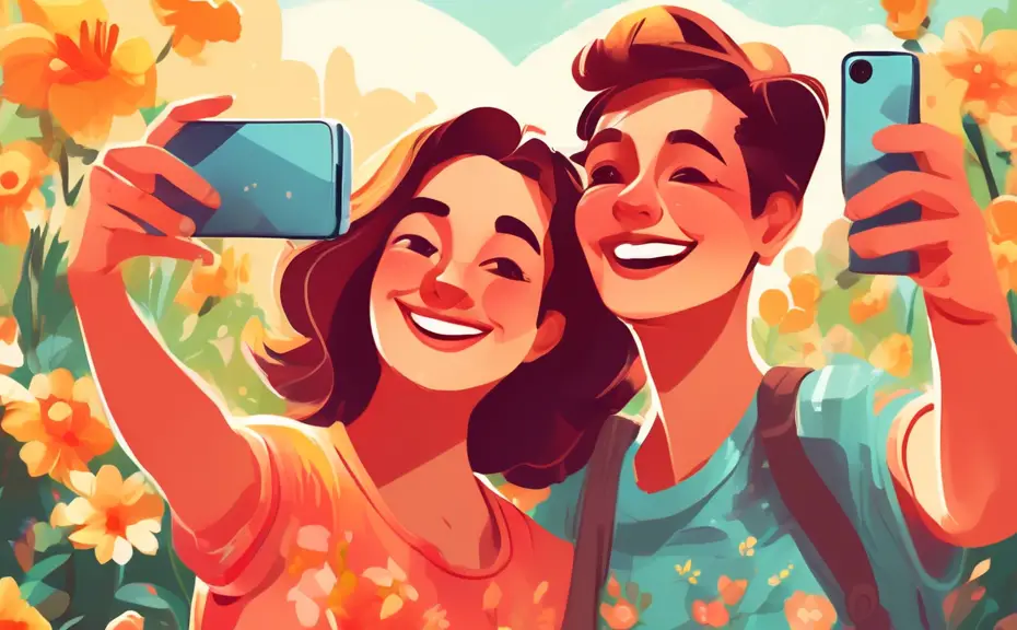 Create an artwork of a smiling mother and son taking a selfie in a sunlit park, surrounded by blooming flowers, with the mother holding the phone and both wearing casual summer clothes, capturing a mo