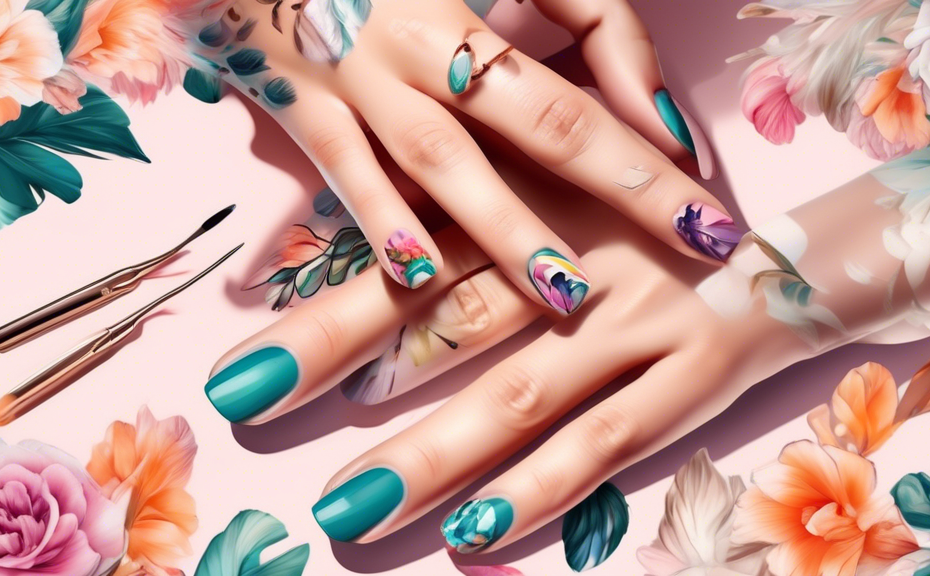 Create an eye-catching digital artwork of a collection of beautifully manicured hands, each displaying a different nail art design. These designs range from elegant floral patterns to modern geometric