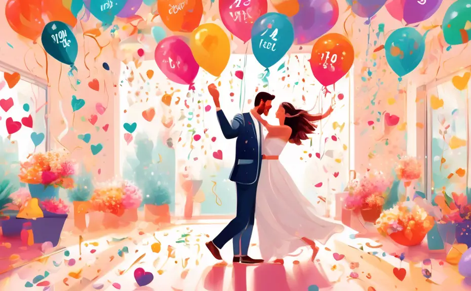 Create a vibrant digital painting of a joyful couple organizing a wedding countdown calendar, surrounded by a flurry of countdown clocks and floating heart-shaped balloons, in a cozy, sunlit room fill