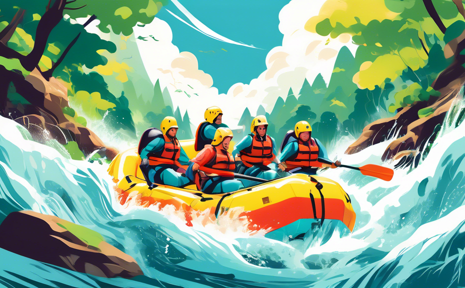 An artistic illustration of a group of diverse people wearing safety gear, joyously navigating through tumultuous white water rapids in a colorful inflatable raft, surrounded by lush green forests and