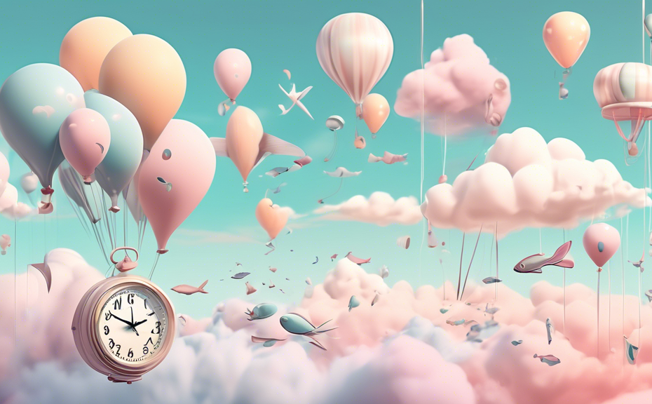 Create a digital artwork depicting a surreal sky scene with whimsical elements such as floating clocks, oversized balloons, and flying fish, all in soft pastel colors, perfect for an Instagram-worthy