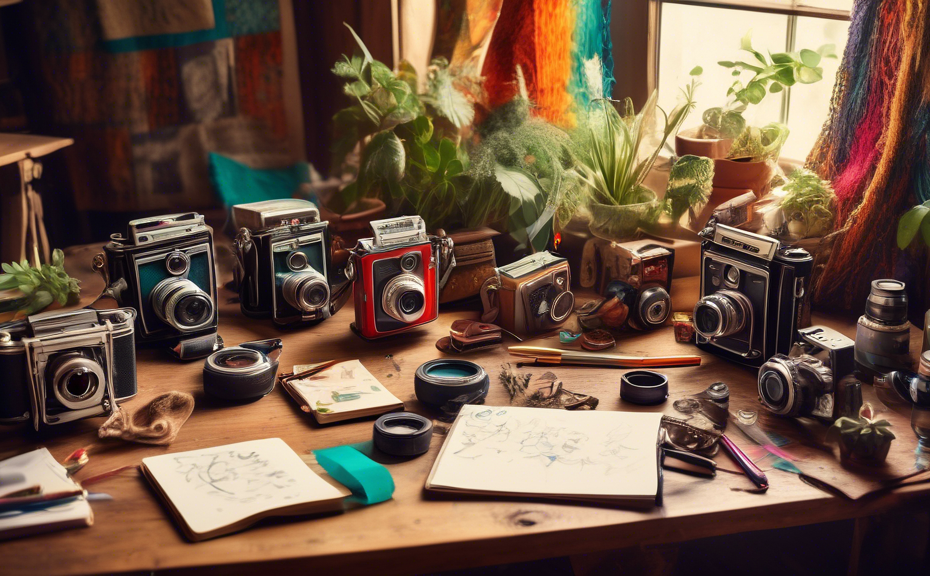 An array of creative artists brainstorming captivating photo shoot captions around a rustic wooden table, strewn with vintage cameras, notepads, and colorful pens, in a cozy, sunlit loft decorated wit