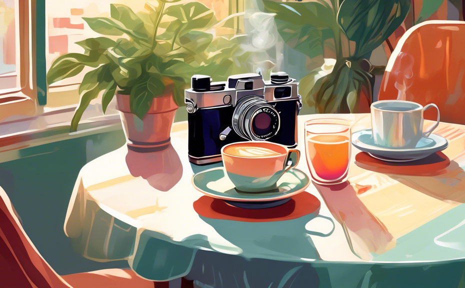 An elegant table for one set in a cozy, sunlit cafe, complete with a steaming cup of coffee, an open journal, a vintage camera, and a colorful, appetizing brunch plate, surrounded by lush indoor plant