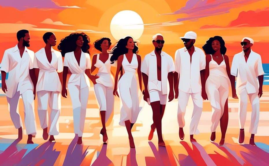 Create an artistic image of a diverse group of people, each wearing stylish white outfits, posing against a vibrant sunset background on a breezy beach, encapsulating a feeling of joy and elegance.