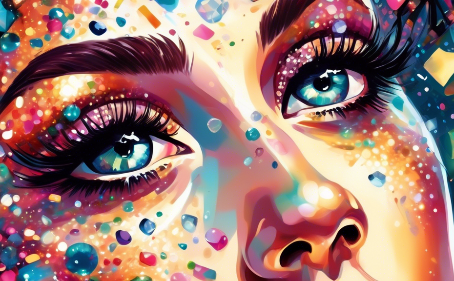 A glamorous close-up illustration of a woman’s eyes with dramatic, voluminous eyelashes, each adorned with tiny sparkling gemstones, set against a backdrop of a festive glittery party scene, capturing