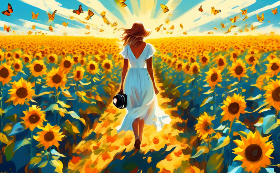 Create a vibrant and whimsical digital painting of a vast field of sunflowers under a clear blue sky, with the sunlight casting dramatic shadows on the ground, and a young woman in a flowing white dre