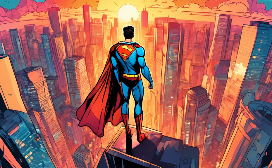Create a vibrant digital illustration of a person in a modern Superman-inspired costume standing heroically on top of a skyscraper at sunset. The city skyline reflects in their eyes as they gaze into