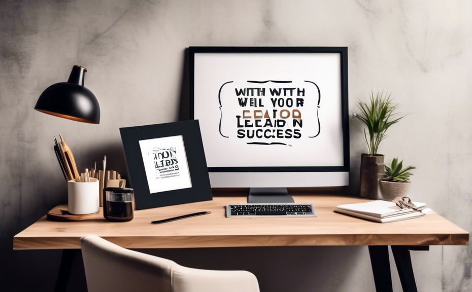 Create an image of a stylish, modern office desk with a high-end laptop, a cup of artisan coffee, and motivational books in a well-lit, trendy workspace. Include an inspirational quote on a framed pos
