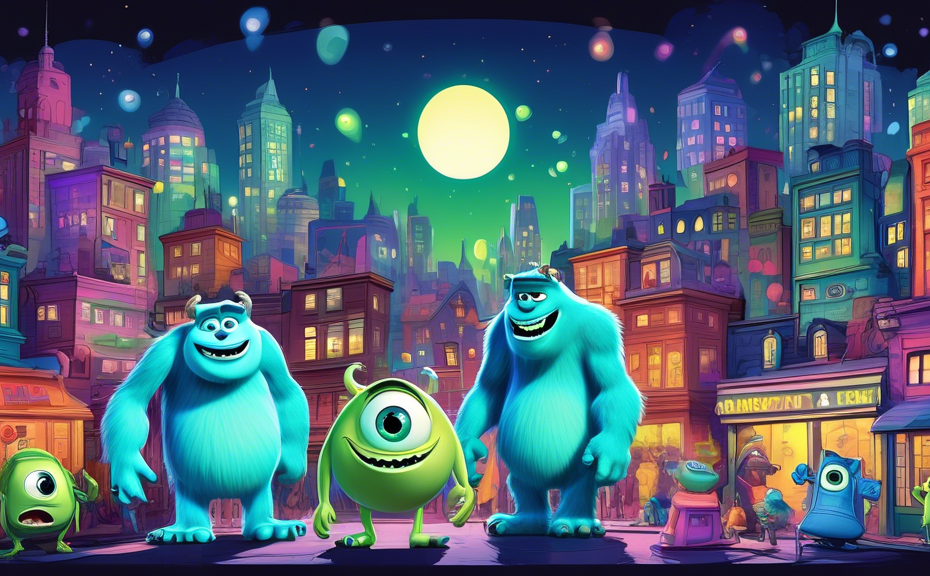 Create a whimsical digital artwork of a colorful, bustling cityscape at night where monsters from Monsters Inc., resembling Mike Wazowski and Sulley, are playfully interacting with humans. The scene i