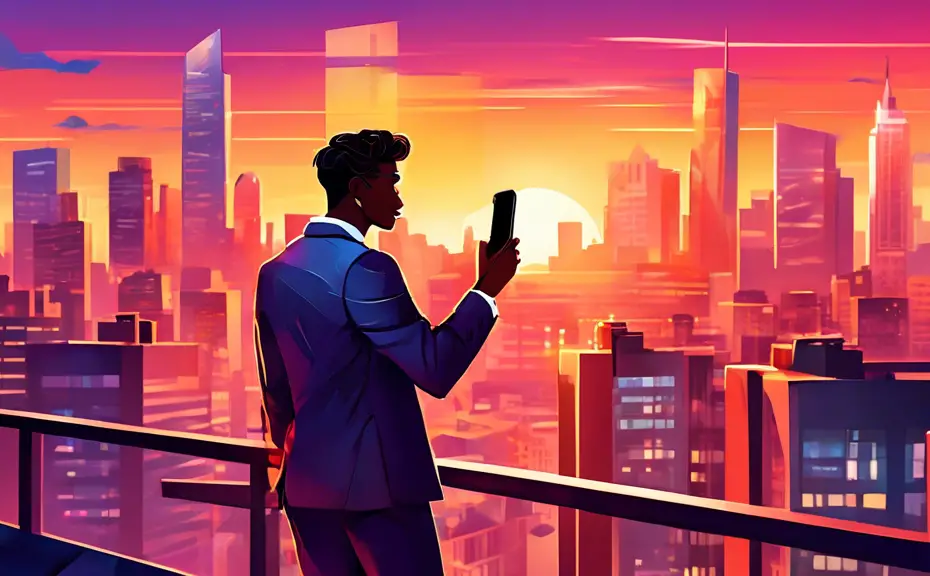 Create an artwork illustrating a highly confident and stylish young entrepreneur standing on a bustling city rooftop at sunset, holding a smartphone and taking a selfie. The city skyline is vividly co