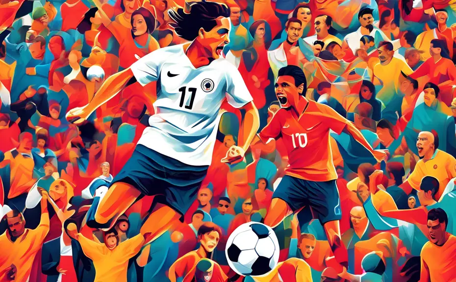Create a vibrant digital artwork featuring a collage of iconic soccer moments, each framed within Instagram post outlines, with lively, inspirational captions floating amidst a background of a cheerin