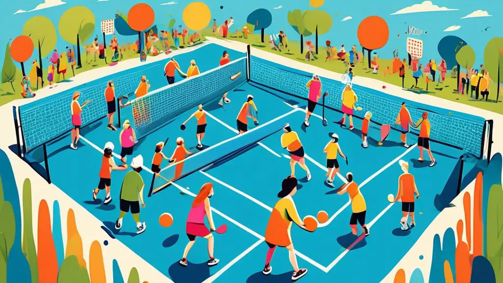 An imaginative and vibrant digital painting of a whimsical pickleball court, surrounded by players of various ages joyfully holding paddles with catchy slogans inscribed on each, set against a backdro