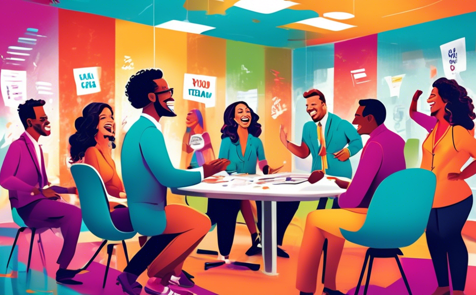 An image of a vibrant office, featuring a diverse group of energetic sales professionals gathered around a glass meeting table, engaging with each other and laughing. On the wall behind them, a colorf