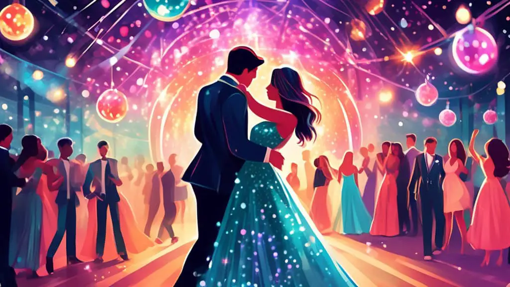 An enchanted ballroom with twinkling fairy lights, glittering dresses, and couples dancing under a dazzling disco ball, capturing the magical atmosphere of prom night for Instagram-worthy moments.